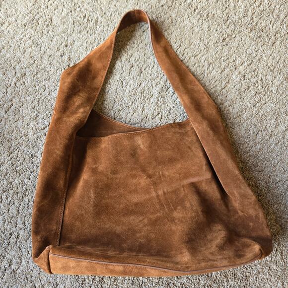 Quince Italian Suede Slouchy Shoulder Bag Purse Whiskey Cognac Brown Minimal - Picture 2 of 10